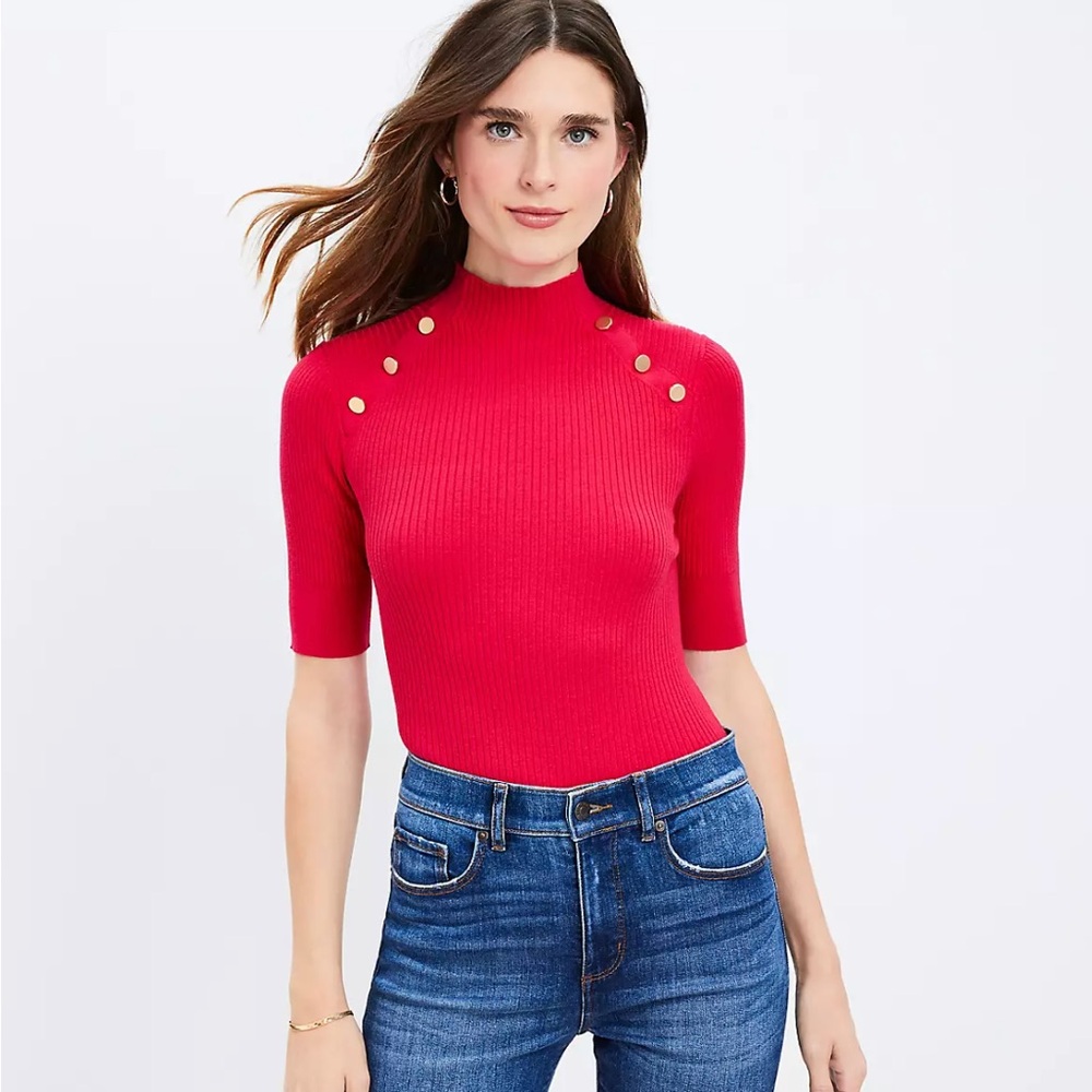 NWT LOFT Red Fitted Ribbed Blouse with 3/4 Sleeves